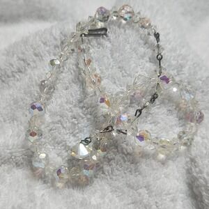 Vintage Aurora Borealis Crystal Bead Necklace Iridescent Faceted 15 Inch Hook
